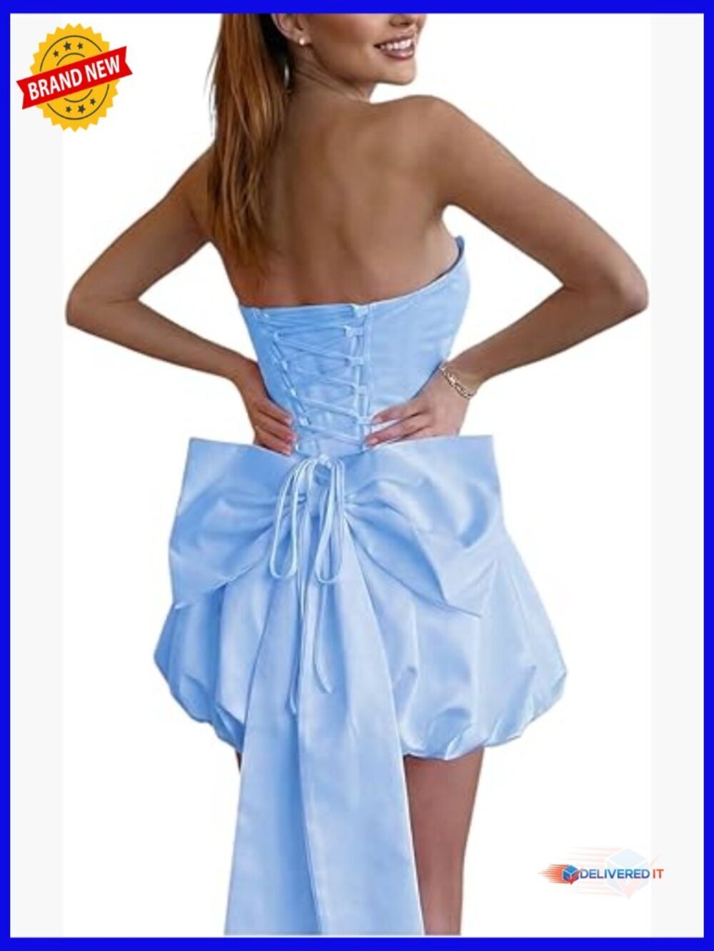Strapless Bubble Mini Dress with Lace-Up Back and Detachable Bow